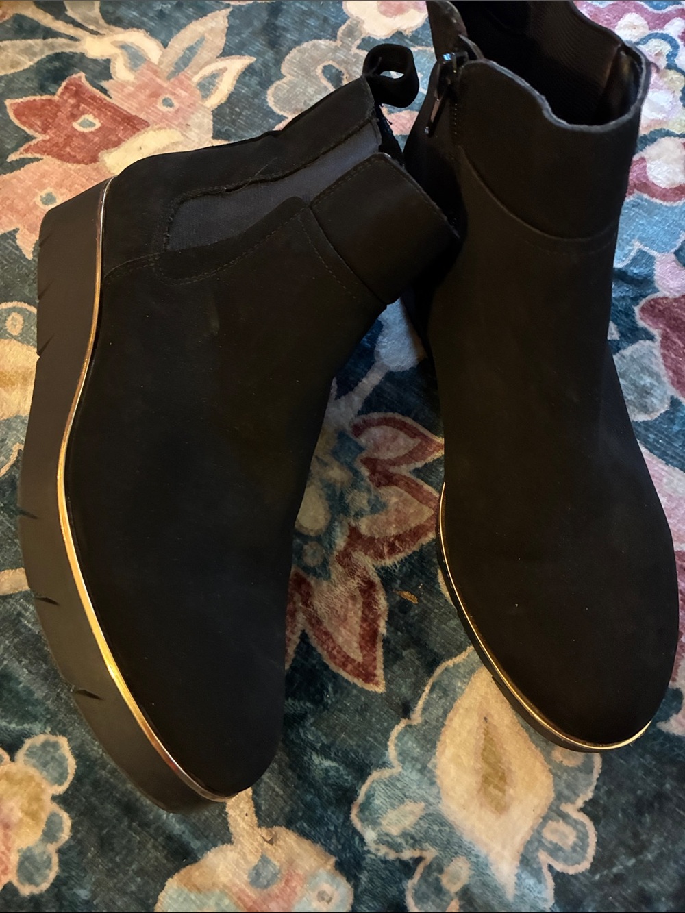 Women’s Black Faux Suede Wedge Ankle Booties with Gold Accent 9